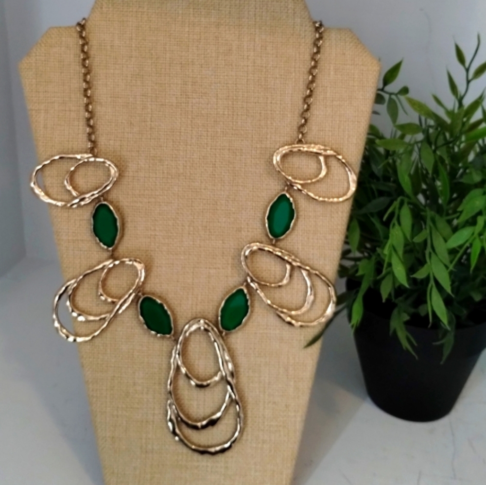 Statement Necklace Green Gold 24"